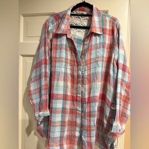 Soft Surroundings Plaid Shirt with 3/4 sleeve and lace detail